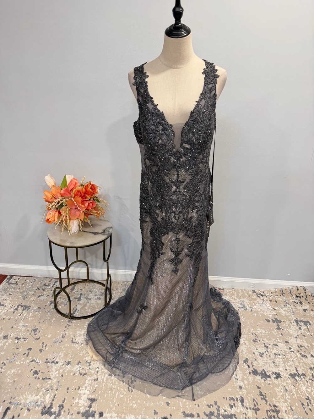 Stella Couture Charcoal Beaded Lace Sleeveless Evening Formal Gown & Nude Lining